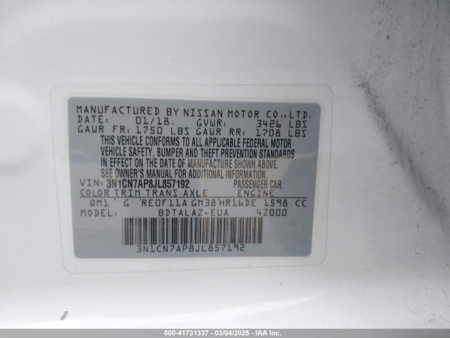 3N1CN7AP8JL857192 Nissan Versa 1.6 S+