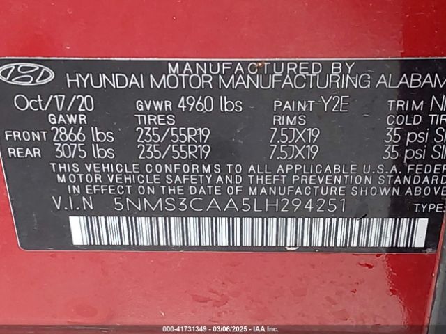 2020 HYUNDAI SANTA FE 5NMS3CAA5LH294251 Photo 8