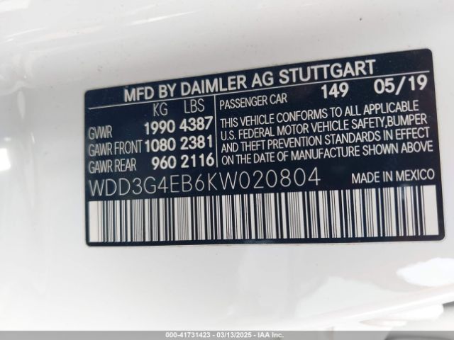 WDD3G4EB6KW020804 Mercedes-Benz A 220