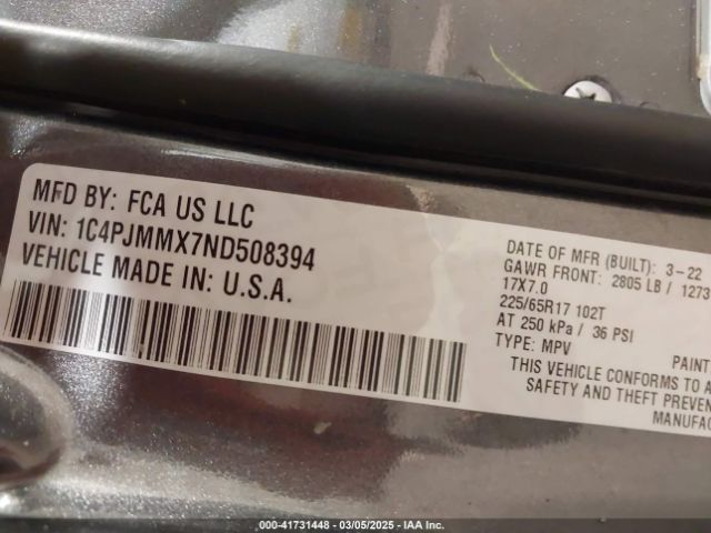 1C4PJMMX7ND508394 Jeep Cherokee Latitude Lux 4x4