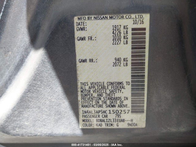 1N4AL3AP5HC150257 Nissan Altima 2.5 Sv