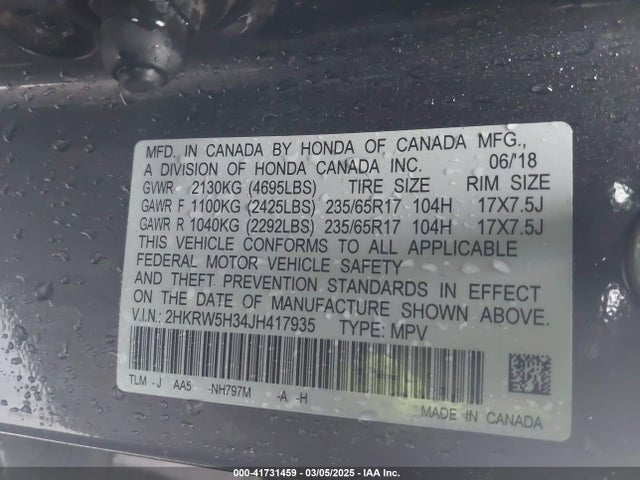 2HKRW5H34JH417935 Honda CR-V LX