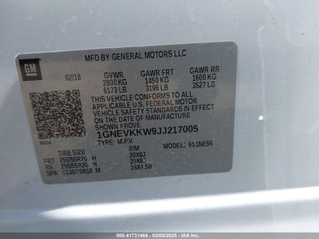 1GNEVKKW9JJ217005 Chevrolet Traverse High Country