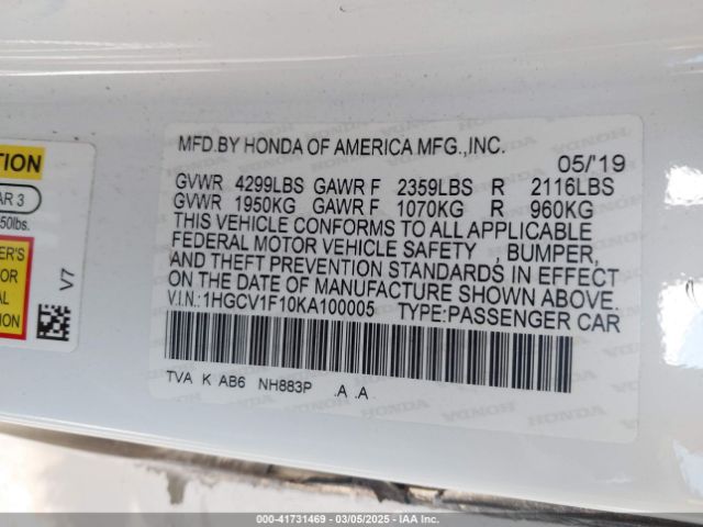 1HGCV1F10KA100005 Honda ACCORD LX