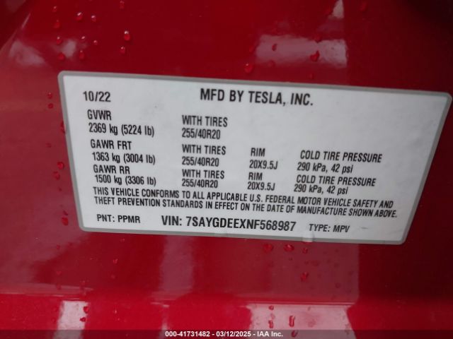 7SAYGDEEXNF568987 Tesla Model Y Long Range Dual Motor All-wheel Drive