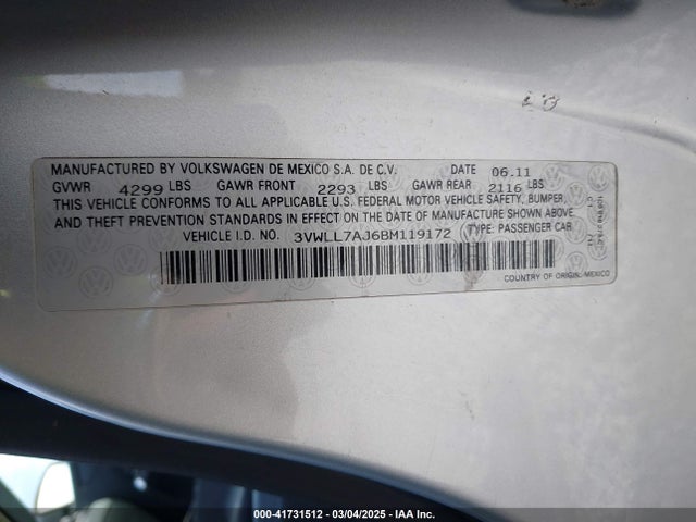 Продаж на аукціоні авто 2011 Volkswagen Jetta 2.0l Tdi, vin: 3VWLL7AJ6BM119172, номер лоту: 41731512
