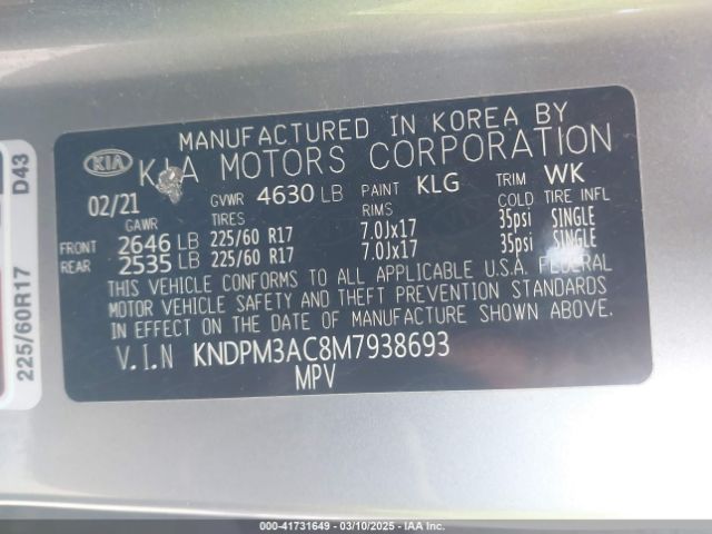 KNDPM3AC8M7938693 KIA Sportage Lx