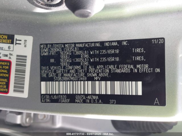 5TDBZRBH7MS073469 Toyota Highlander Le