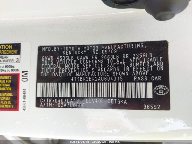 41731789 :رقم المزاد ، 4T1BK3EK2AU604315 vin ، 2010 Toyota Camry Xle V6 مزاد بيع
