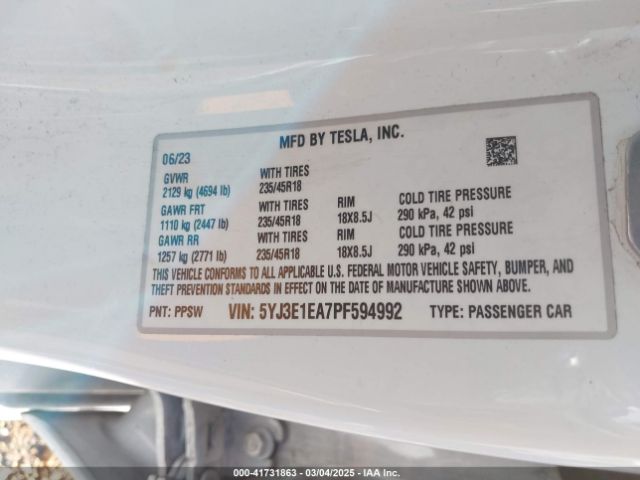 5YJ3E1EA7PF594992 Tesla Model 3 Rear-wheel Drive