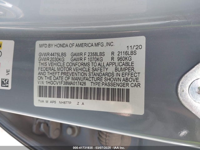 1HGCV1F38MA017426 Honda Accord Sport