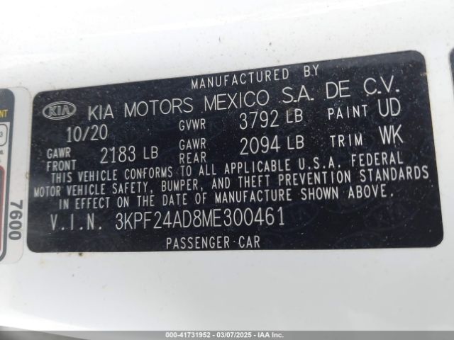 3KPF24AD8ME300461 KIA FORTE FE