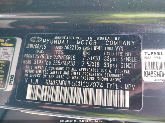 KM8SMDHF5GU137074 Hyundai Santa Fe Se