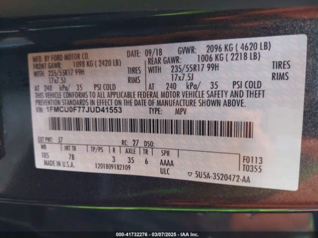 1FMCU0F77JUD41553 Ford ESCAPE S
