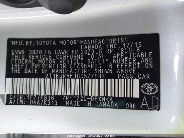 2T1BURHE1GC577587 Toyota COROLLA LE