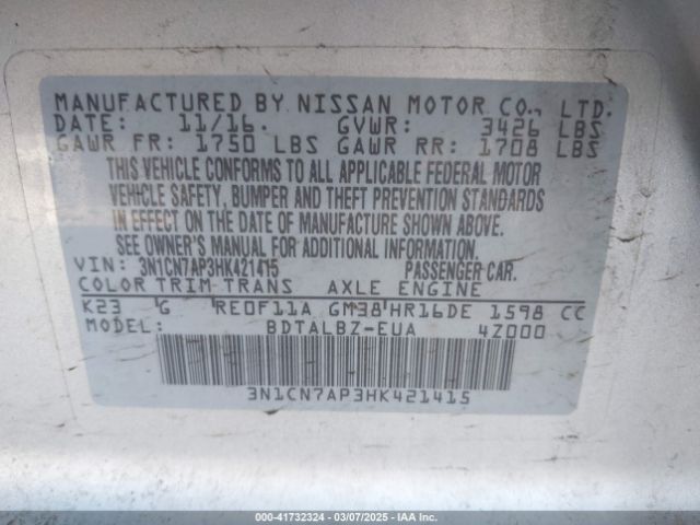 3N1CN7AP3HK421415 Nissan Versa 1.6 Sv