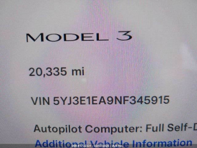 5YJ3E1EA9NF345915 Tesla Model 3 Rear-wheel Drive