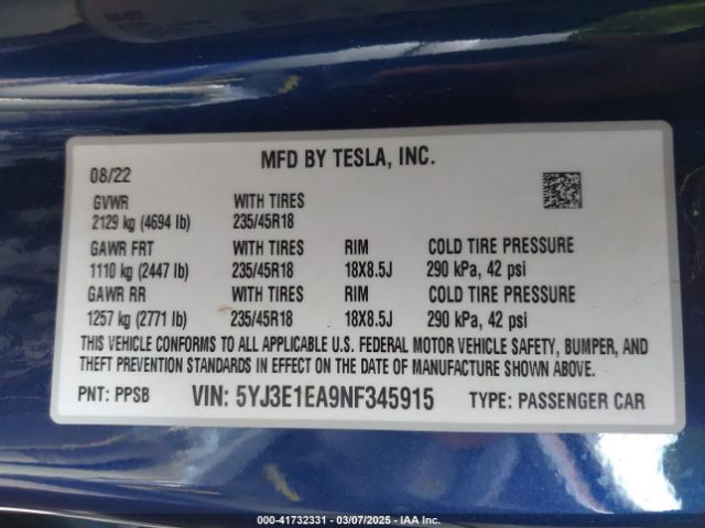 5YJ3E1EA9NF345915 Tesla Model 3 Rear-wheel Drive