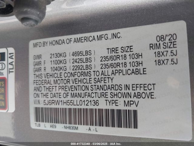 5J6RW1H55LL012136 Honda Cr-v 2wd Ex