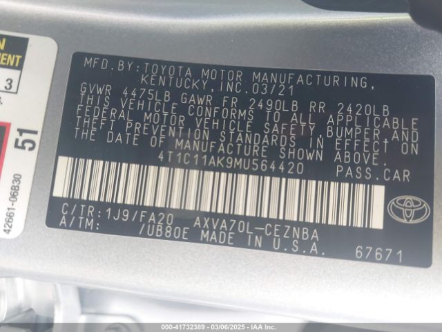 4T1C11AK9MU564420 Toyota CAMRY LE