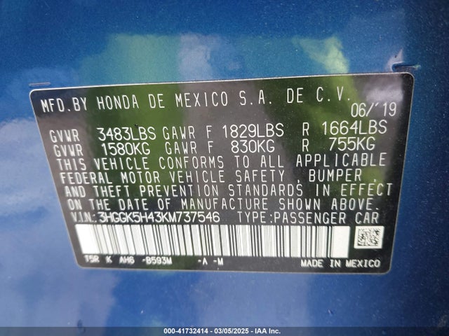 3HGGK5H43KM737546 Honda FIT LX