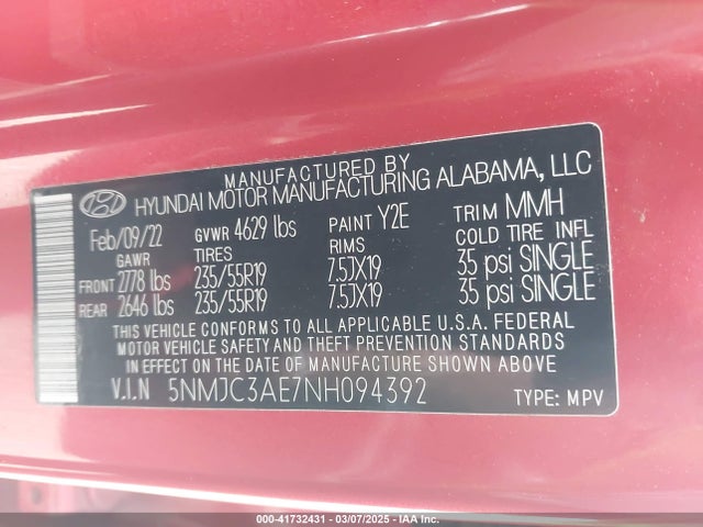 5NMJC3AE7NH094392 Hyundai TUCSON SEL