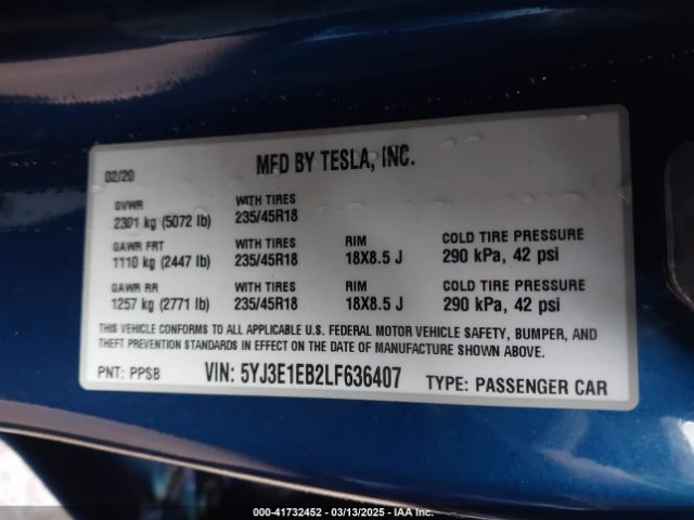 5YJ3E1EB2LF636407 Tesla Model 3 Long Range Dual Motor All-wheel Drive