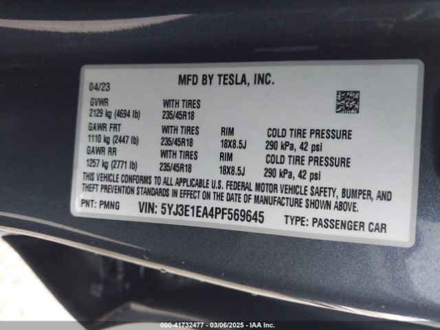 5YJ3E1EA4PF569645 Tesla Model 3 Rear-wheel Drive