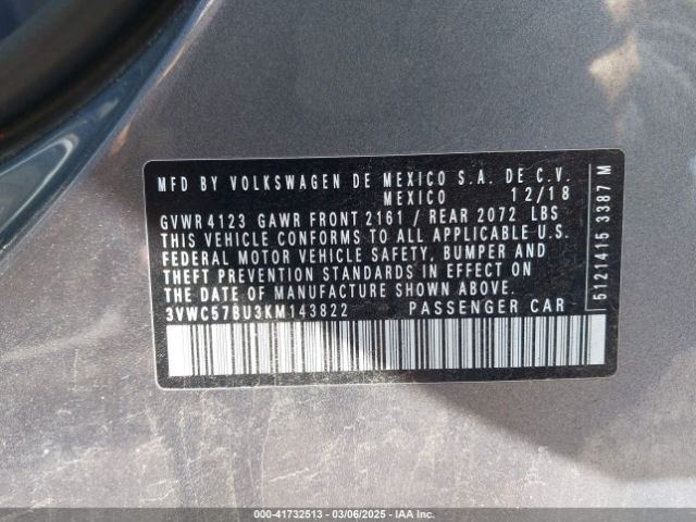 3VWC57BU3KM143822 Volkswagen Jetta 1.4t R-line/1.4t S/1.4t Se
