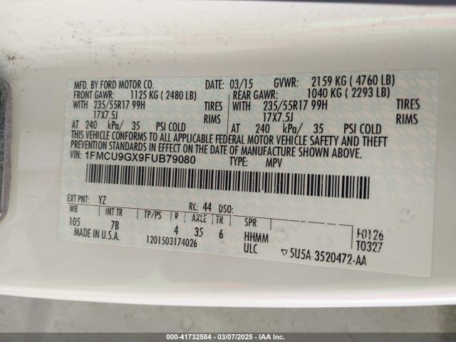 Ford ESCAPE SE 2015 1FMCU9GX9FUB79080 Image 9
