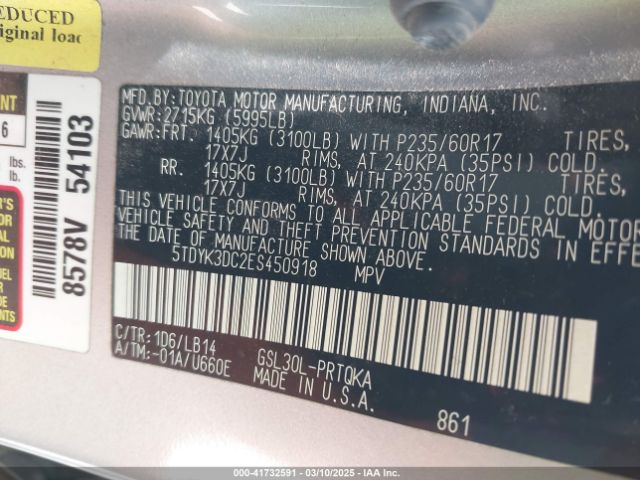 5TDYK3DC2ES450918 Toyota Sienna Xle V6 8 Passenger