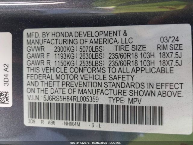5J6RS5H84RL005359 Honda Cr-v Hybrid Sport-l