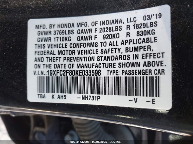 19XFC2F80KE033598 Honda Civic Sport