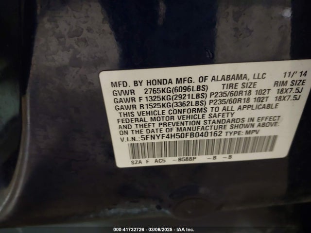 Honda Pilot Ex-l 2015 5FNYF4H50FB040162 Image 9
