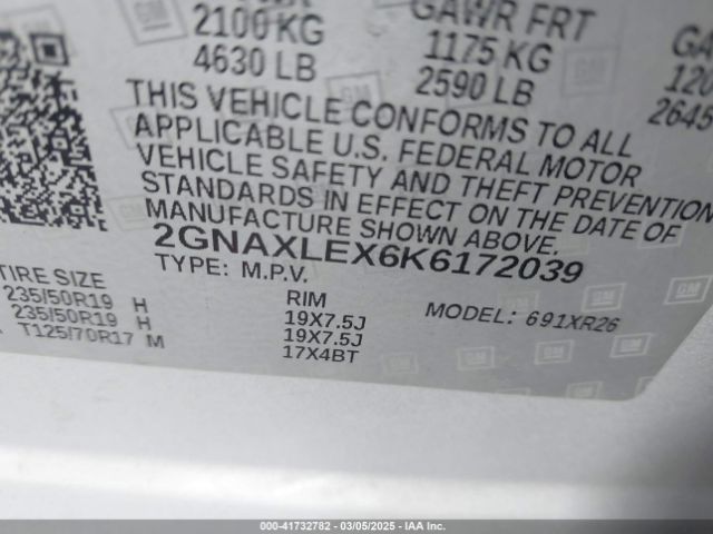 2GNAXLEX6K6172039 Chevrolet EQUINOX LT