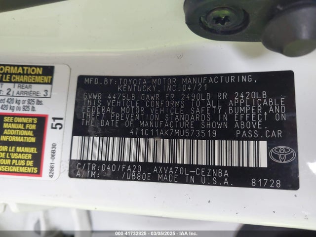4T1C11AK7MU573519 Toyota CAMRY LE