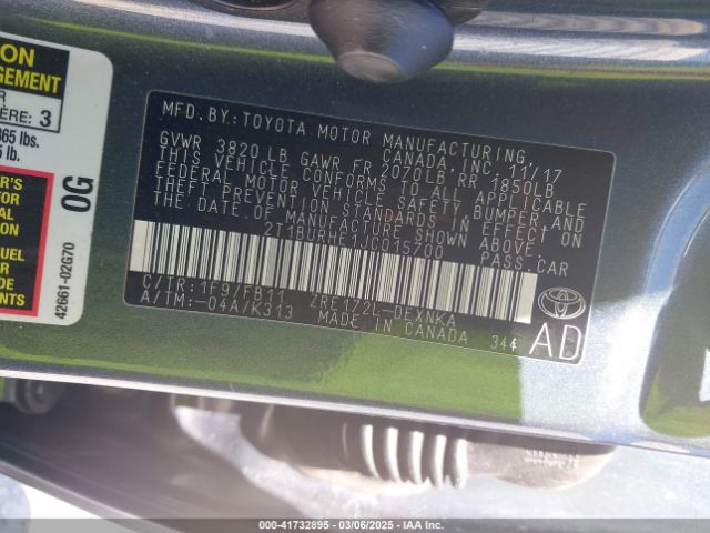2T1BURHE1JC015700 Toyota COROLLA LE