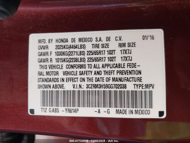 3CZRM3H59GG702038 Honda CR-V EX