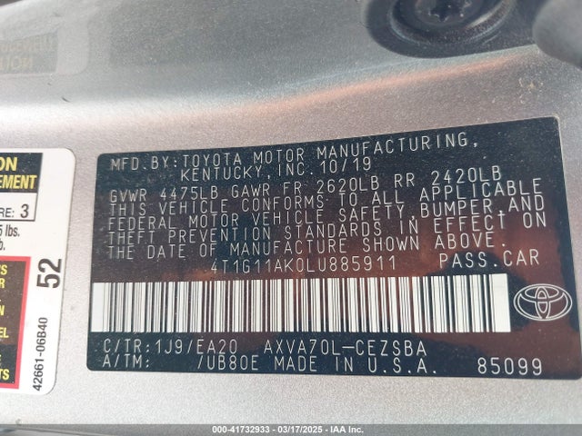 4T1G11AK0LU885911 Toyota CAMRY SE