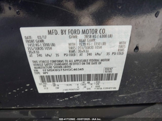1FM5K8GT5HGC46345 Ford EXPLORER SPORT