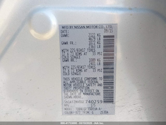 5N1AT2MV0GC740259 Nissan ROGUE SV