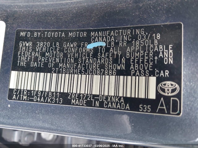 2T1BURHE5JC087886 Toyota COROLLA LE