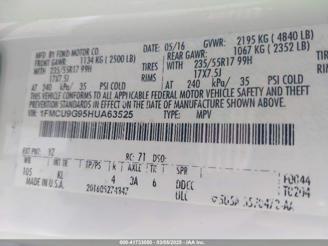 1FMCU9G95HUA63525 Ford ESCAPE SE