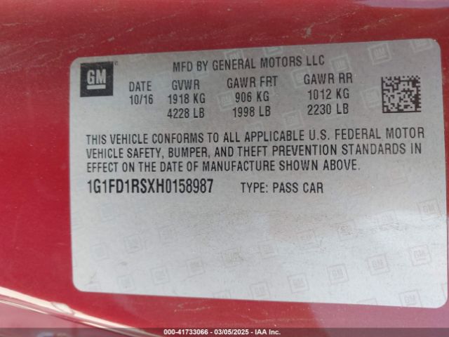 1G1FD1RSXH0158987 Chevrolet Camaro 2lt