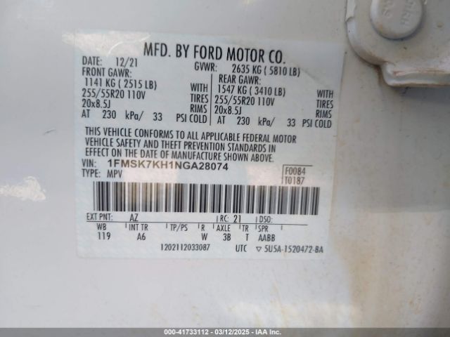 1FMSK7KH1NGA28074 Ford Explorer St-line