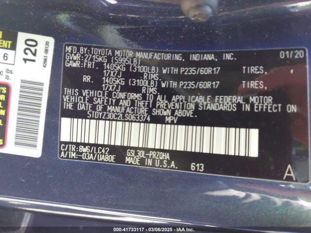 5TDYZ3DC2LS063374 Toyota SIENNA XLE