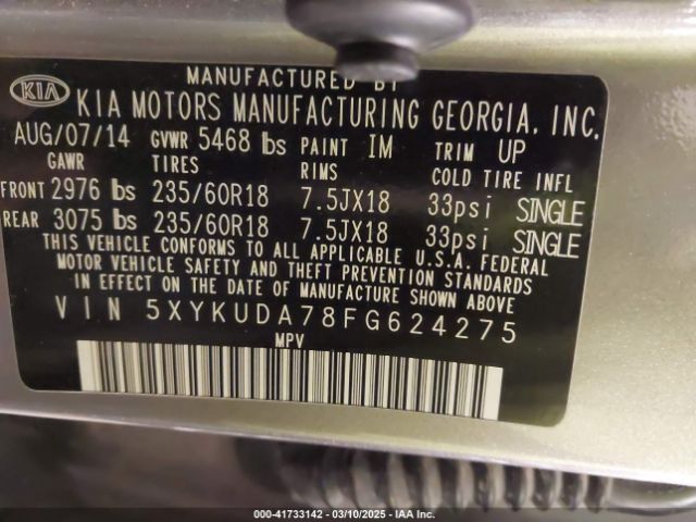 5XYKUDA78FG624275 KIA Sorento Ex V6