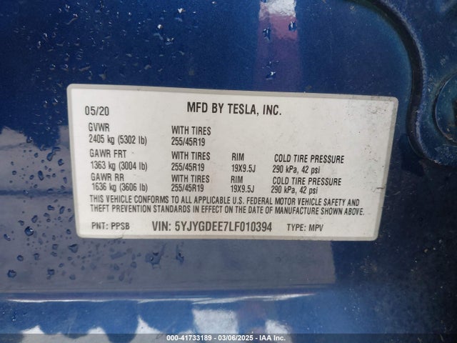 2020 TESLA MODEL Y 5YJYGDEE7LF010394 Photo 8