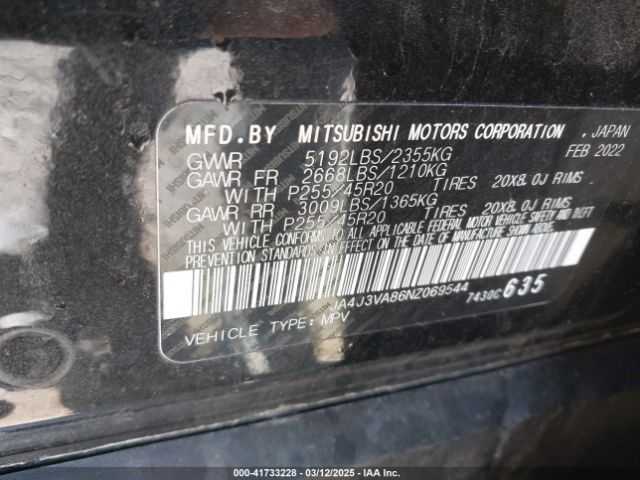 JA4J3VA86NZ069544 Mitsubishi Outlander Sel Special Edition
