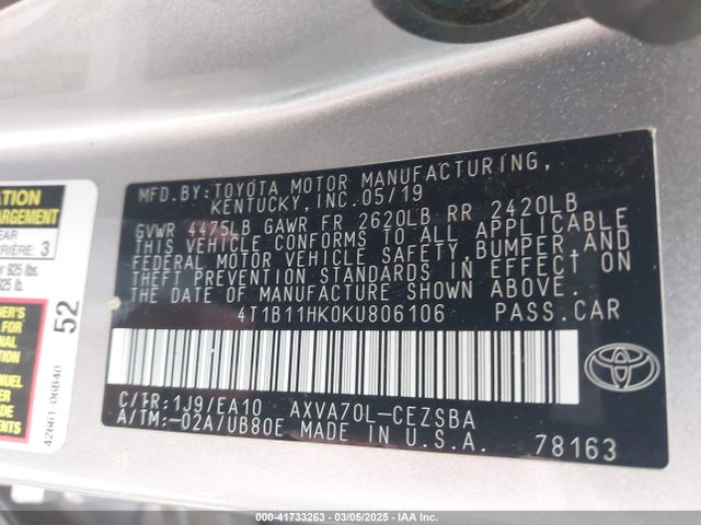 4T1B11HK0KU806106 Toyota CAMRY SE